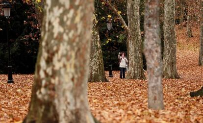 Una mujer se hace una foto con un móvil en un parque de Pamplona completamente cubierto de hojas.