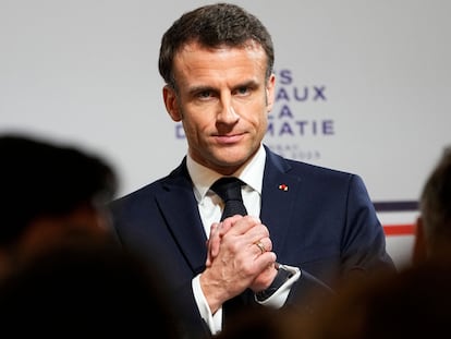 El presidente francés, Emmanuel Macron,  en el Ministerio de Asuntos Exteriores en París, este jueves.