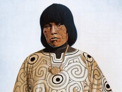 Hombre conibo, del Amazonas, con túnica decorada.