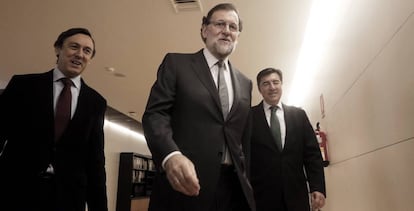 Rafael Hernando, Mariano Rajoy y José Antonio Bermúdez de Castro, este miércoles.
