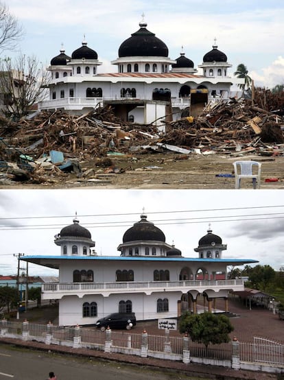 En las localidades afectadas por el maremoto solo los edificios cuya construcción era de mayor calidad consiguieron soportar la fuerza de las aguas. Las mezquitas de las localidades indonesias donde llegó el tsunami, algo más sólidas que otras construcciones, se pueden observar en muchas fotografías en pie, rodeadas por los restos de los edificios menos resistentes que fueron barridos por la ola. En la composición se puede ver la mezquita de Meulaboh. Fotografías hecha por Joel Saget el 15 de enero de 2005 y por Bay Ismoyo el 30 de noviembre de 2014.