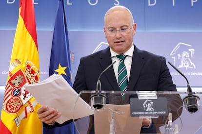 El portavoz del PP en el Congreso, Miguel Tellado, este martes en el Congreso. 