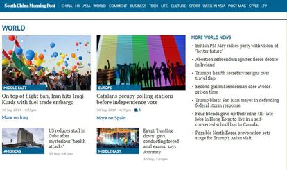 El 'South China Morning Post' recoge los referendos del Kurdistán y de Cataluña en su sección internacional.
