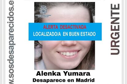 Imagen difundida por Sos Desparecidos tras el hallazgo de Alenka Yumara.