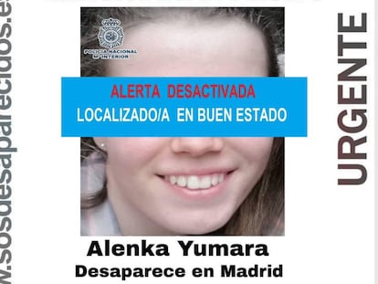 Imagen difundida por Sos Desparecidos tras el hallazgo de Alenka Yumara.