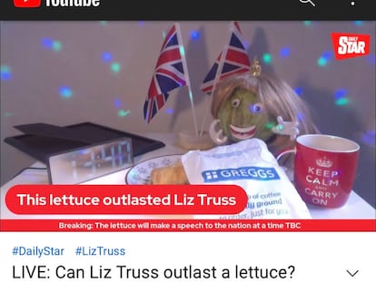 Captura de la emisión del tabloide 'Daily Star', que comparaba el mandato de Liz Truss con una lechuga, en el momento del anuncio de dimisión de la primera ministra británica.