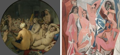 La influencia de Ingres en Picasso es incuestionable, los ejemplos son multitud. En la imagen dos hitos de la historia del arte: a la izquierda, 'El baño turco' de Ingres; a la derecha, 'Las señoritas de Avignon', pintadas cuarenta años después, en 1907, por Picasso.