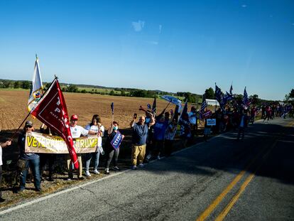 Donald Trump supporters await Joe Biden as he arrives in Gettysburg to host a 2020 presidential campaign rally.