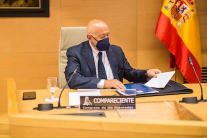 El exjefe de Asuntos Internos de la Policía Nacional, el comisario Marcelino Martín-Blas, durante su comparecencia en el Congreso, este miércoles.