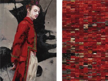 'Rostros. El poeta', a la izquierda, y 'Rastros. Between you and me' (2017), pintura y composición con rodillos de Cabellut.