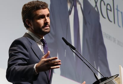 El presidente del PP, Pablo Casado, interviene en un foro sobre turismo, este martes.