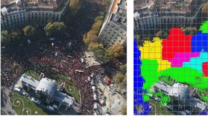 Marcha sindical en Madrid en 2009, analizada por el programa de Lynce. Se contaron 39.921 personas. Cada zona de color agrupa un millar. 