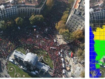 Marcha sindical en Madrid en 2009, analizada por el programa de Lynce. Se contaron 39.921 personas. Cada zona de color agrupa un millar. 