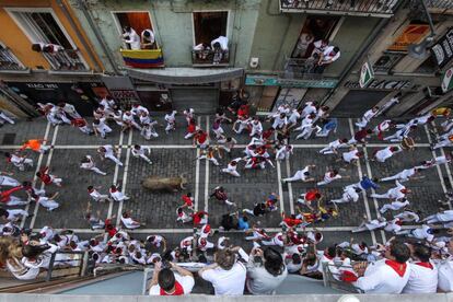 Un toro de la ganadería gaditana de Núñez del Cuvillo enfila la calle Estafeta durante el quinto encierro de los Sanfermines 2018.