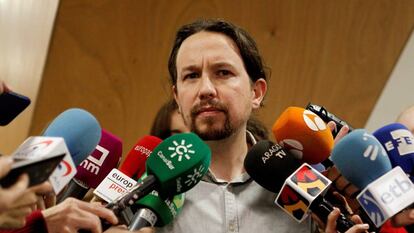 El secretario general de Podemos, Pablo Iglesias, al finalizar la reuni&oacute;n del Consejo Ciudadano de Podemos, en Madrid, el pasado 13 de enero. 