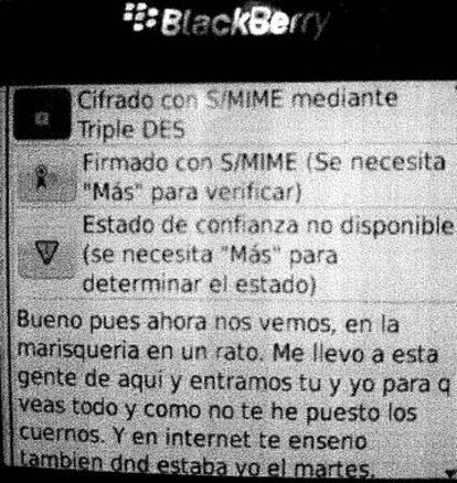 Mensaje enviado el 30 de enero de 2016 por Diego P. a la Blackberry encriptada del agente del Servicio Martítimo de la Guardia Civil de Cádiz.