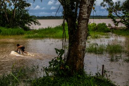 Con el río Amazonas como telón de fondo, los niños juegan en las aguas altas del Urucurituba, en el pueblo de Junco, que está siendo erosionado por la expansión de las aguas del canal.  