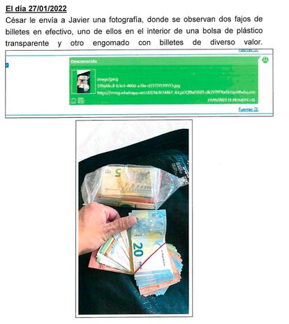 Una de las fotografías de dinero en efectivo que se enviaron los investigados a través del móvil, según consta en el sumario.