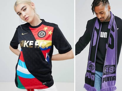 A la izquierda de la imagen, una mujer viste una camiseta fútbol multicolor de Nike y, a la derecha, un hombre lleva una bufanda estilo retro de Puma.