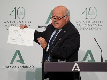 El consejero andaluz de Salud y Familias, Jesús Aguirre, la semana pasada en una comparecencia.