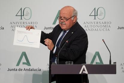 El consejero andaluz de Salud y Familias, Jesús Aguirre, en una rueda de prensa. 