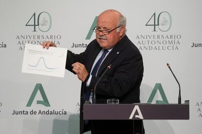 El consejero andaluz de Salud y Familias, Jesús Aguirre, la semana pasada en una comparecencia.