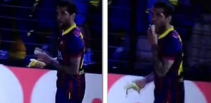 A screen grab of the moment when Alves picked up and ate the banana.