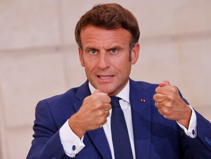 French President Emmanuel Macron delivers a speech after a videoconference on the energy crisis with German Chancellor Olaf Scholz, at the Elysee palace in Paris, Monday, Sept. 5, 2022. Emmanuel Macron is calling for a sharp reduction, by 10%, in the country's energy use in coming weeks and months to avoid the risk of rationing and cuts this winter, amid tensions with supplier Russia over the war in Ukraine (Ludovic Marin, Pool via AP)