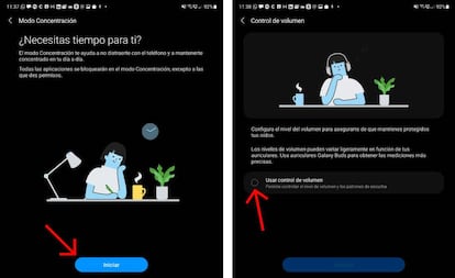 Modo concentración y control de volumen de Android.