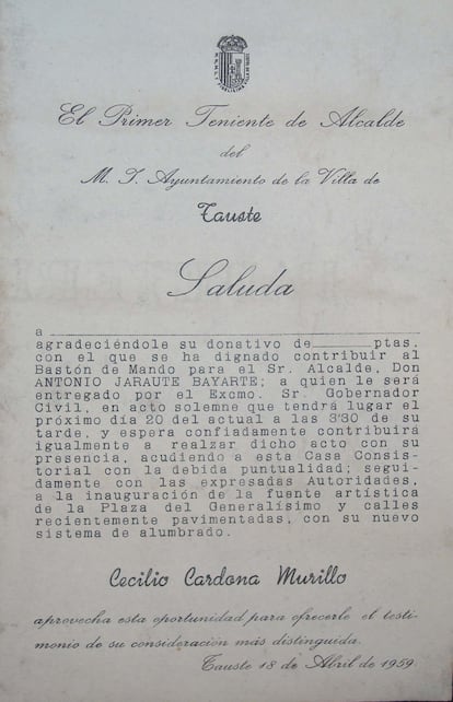 Saludo del primer teniente de alcalde de Tauste pidiendo en 1959 a los vecinos que contribuyeran a pagar el bastón de mando del alcalde.