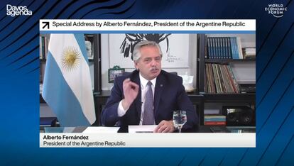 Captura de vídeo de la intervención del presidente de Argentina, Alberto Fernández, en el Foro Económico Mundial este jueves.