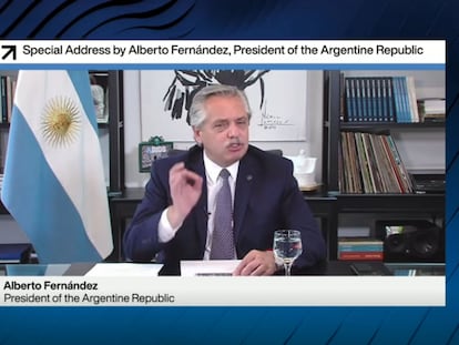 Captura de vídeo de la intervención del presidente de Argentina, Alberto Fernández, en el Foro Económico Mundial este jueves.