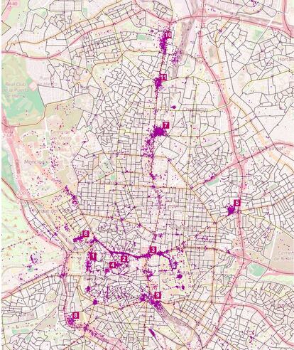 Mapa de calor de los sitios más fotografiados de Madrid con base en un estudio de más de 300.000 fotos en la red social Panoramio hecho por investigadores del Departamento de Geografía Humana de la Universidad Complutense. El punto número 7 es el Santiago Bernabéu