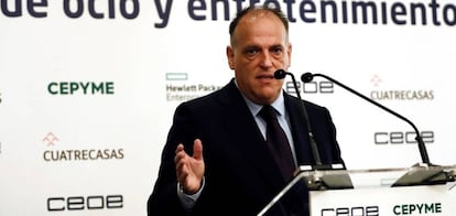 El presidente de LaLiga, Javier Tebas, durante su intervención en los Encuentros Empresariales que organizan CEOE y CEPYME, hoy en Madrid.