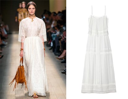 10. ROMÁNTICO. Valentino no renuncia a la dulzura en sus colecciones. La fórmula de este verano: vestidos blancos con bordados y largos hasta los pies (tipo adlib, para llevar con sandalia plana). Vestidos de Valentino (pasarela) y Massimo Dutti (125 €).