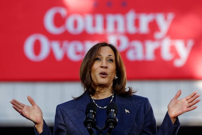 Kamala Harris, este miércoles durante un acto electoral en Washington Crossing (Pensilvania).