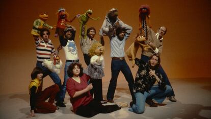 Jim Henson (holding Kermit), Frank Oz and the rest of the puppeteers on The Muppets, in a still from the documentary 'Jim Henson: Idea Man.'