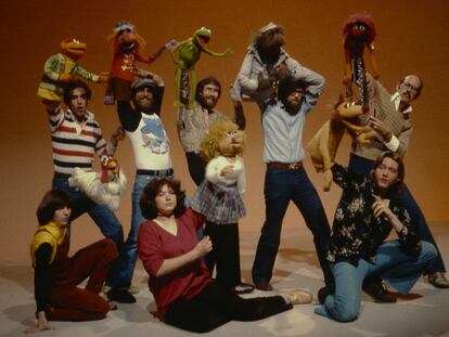 Jim Henson (holding Kermit), Frank Oz and the rest of the puppeteers on The Muppets, in a still from the documentary 'Jim Henson: Idea Man.'