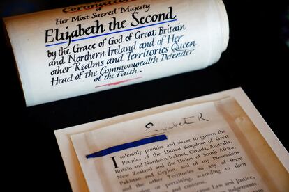 Detail of Queen Elizabeth II's 'Coronation Scroll', displayed at Buckingham Palace, London, on May 1, 2024.