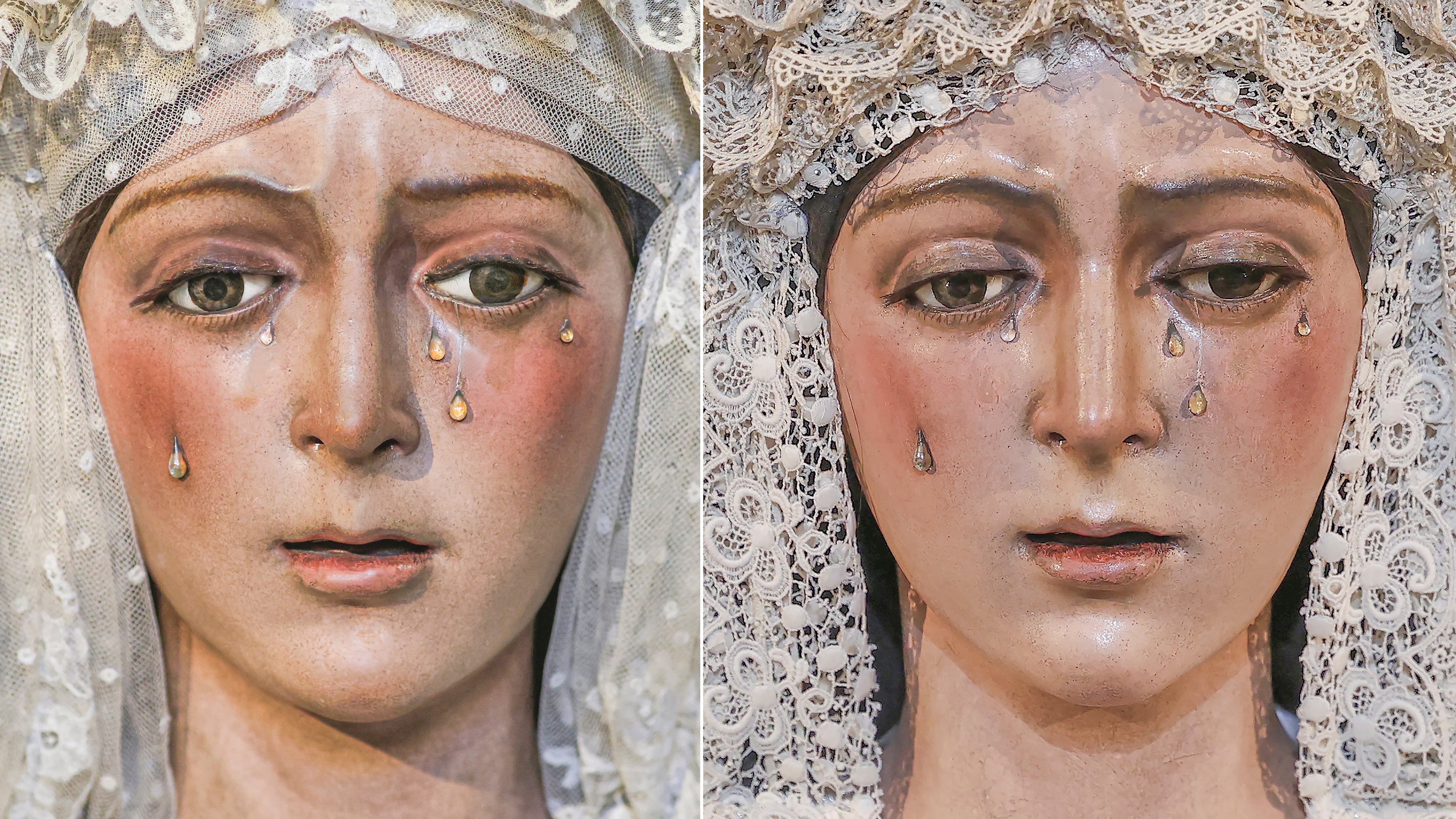 La imagen de la Macarena, antes y después de su restauración.
