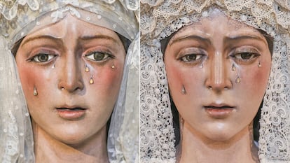 La imagen de la Macarena, antes y después de su restauración.