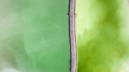 Belleza tóxica desde el aire. Las imágenes 
que ilustran este reportaje pertenecen 
a los proyectos Side Effects y Toxic Beauty, del polaco Kacper Kowalski, sobre la compleja relación del ser humano con la naturaleza. 
Se trata de fotografías tomadas desde el aire 
en vuelos en parapente a unos 150 metros 
de altura en distintas regiones de Polonia.
En esta foto, una planta 
de producción de sal. 