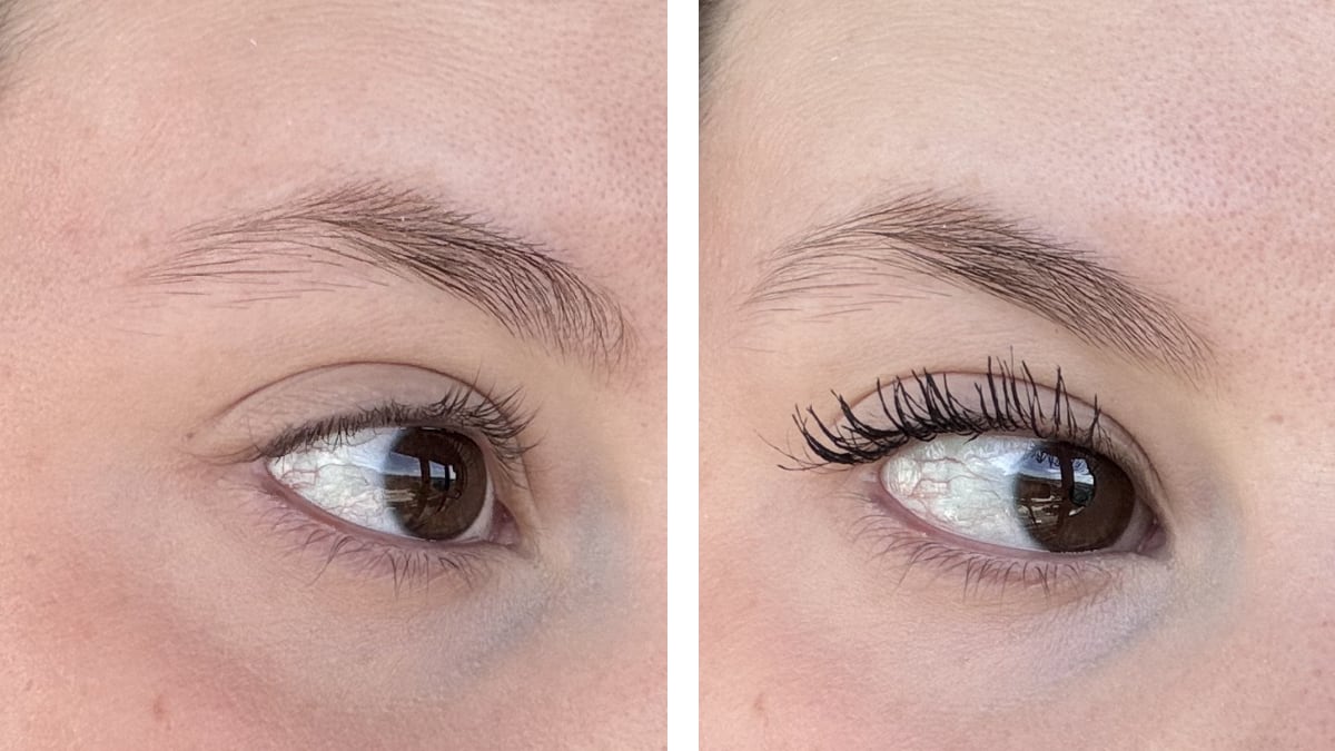 Mis ojos antes y después de usar la máscara de pestañas Lash Sensational Sky High de Maybelline.