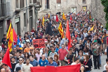 Los manifestantes, ayer en el centro de Vic.