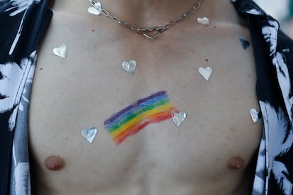 Un hombre con la bandera del Orgullo pintada en su cuerpo, en una calle de la capital. 