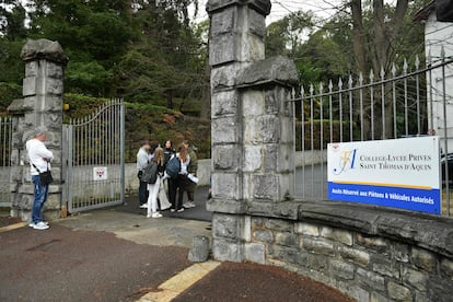 The entrance of a private Catholic school where a teacher has been stabbed to death by a high school student, Wednesday, Feb. 22, 2023 in Saint-Jean-de-Luz, southwestern France.