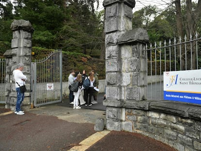 The entrance of a private Catholic school where a teacher has been stabbed to death by a high school student, Wednesday, Feb. 22, 2023 in Saint-Jean-de-Luz, southwestern France.