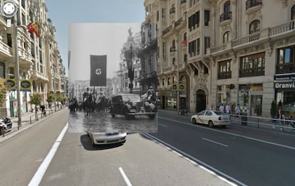 Swastikas on the Gran Vía. Franco supported Hitler until the war turned against Germany.