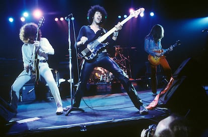 Thin Lizzy’s Brian Robertson, Phil Lynott and Scott Gorham at a 1978 concert in London. 