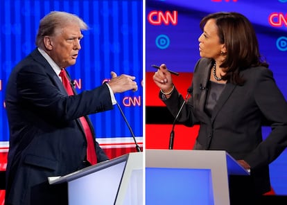 Former president Donald Trump speaks during the presidential debate, June 2024, and Kamala Harris speaking during a debate on July 31, 2019.